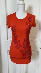 Blumarine Orange Floral Bling Rhinestones S/S Stretch Tee Top Shirt Size 38 EUC - Picture 1 of 11