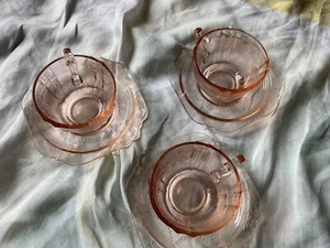 3 Vintage Pink Depression Federal Glass Martin Pattern Cup & Saucer Sets - Picture 1 of 4