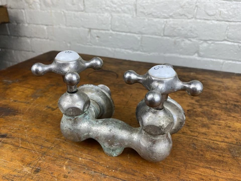 Antique C.1930 FAUCET, CAST IRON TUB ~ Helicopter Handles, Nickel Plated Brass Cover