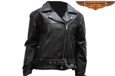 Black Women Fit Motorcycle Biker Genuine Leather Soft Quilted Belted Jacket - Image 1 of 4