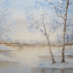 Framed Winter Landscape Oil Painting 16.5x14 Signed P. Watkins Lake Trees O/C - Picture 1 of 18