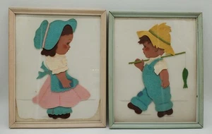 Vintage Felt Art Framed Boy With Fishing Pole & Girl With Bonnet READ - Picture 1 of 8
