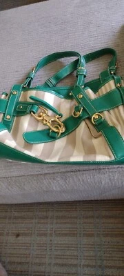 Bolso de Hombro Francesco Biasia Borde de Cuero Verde y Rayas Crema de Lona Foto 1 de 4