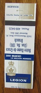 FRATERNAL MATCHBOOK COVER: ROYAL CANADIAN LEGION (MONTREAL, QUEBEC) -G9 - Picture 1 of 1