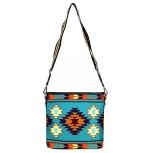 Nuovo! BORSA A TRACOLLA Montana West TEAL STAMPA AZTECA con chiusura a cerniera cinghia - Foto 1 di 3