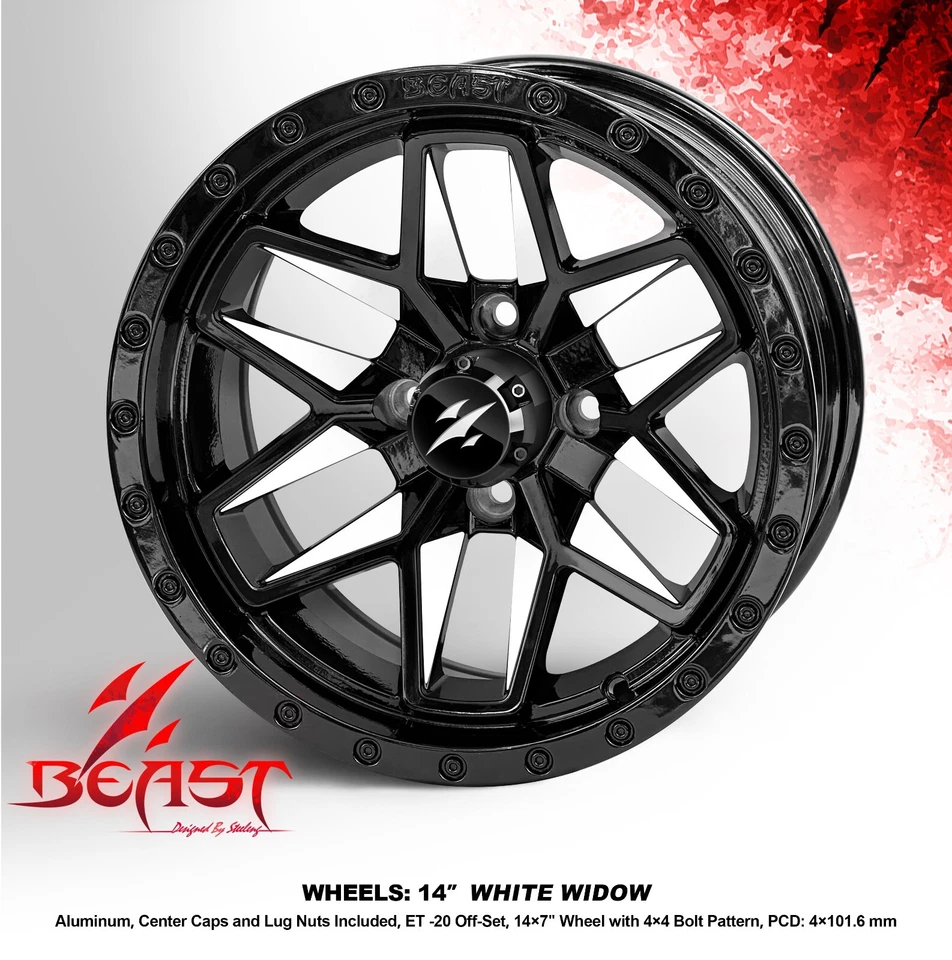 GOLF CART 14"x7" 'WIDOW' (BEAST) WHITE/BLACK ALUMINUM WHEELS / RIMS (SET OF 4) Foto 1 de 2