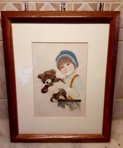 Handmade Vintage Needlepoint Artwork~Boy With Teddy~Matted Frame In Glass~11.5'' - Picture 1 of 6