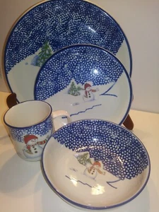 THOMSON POTTERY Snowman 4 pc place setting Snowman design with blue speckle sky - Picture 1 of 12