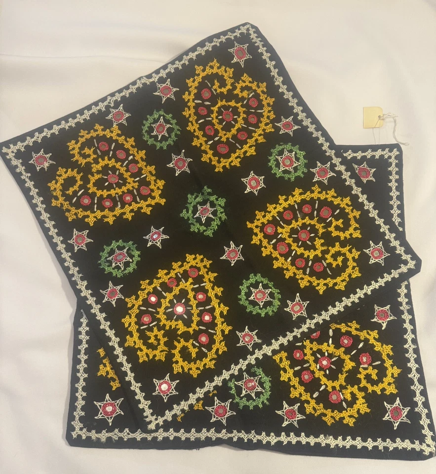 2 Vintage Embroidered Pillow Covers W/ Mirrors & Snap Closure 18” X 18” - Image 1 of 4