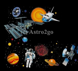 SPACE WRAP-Shuttle Station Saturn Planets Jupiter Astronomy 2 Sided Kids T Shirt - Picture 1 of 4