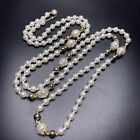 Extra Long Faux Pearl Necklace Gold Tone Beaded Station 54 Inch Classic Vintage