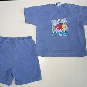 Vintage Kids Outfit Set Fish Graphic T-Shirt Shorts Blue Cotton Size 3T - Picture 1 of 12
