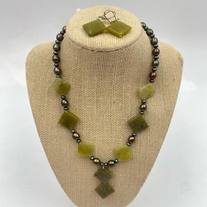 Flat Serpentine Gemstone Freshwater Pearls Sterling Silver Necklace & Earrings - Picture 1 of 10