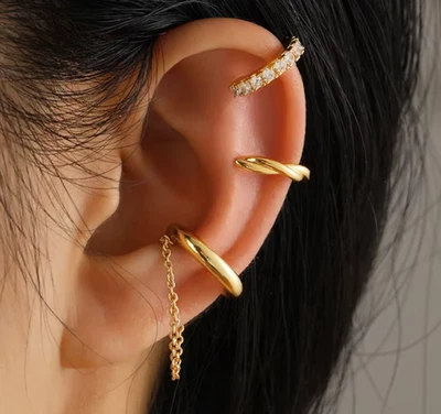 Set 3 Ohrclips Ohrringe Ohr Manschetten Fake Piercing gold-farbig Strass Kette - Bild 1 von 3