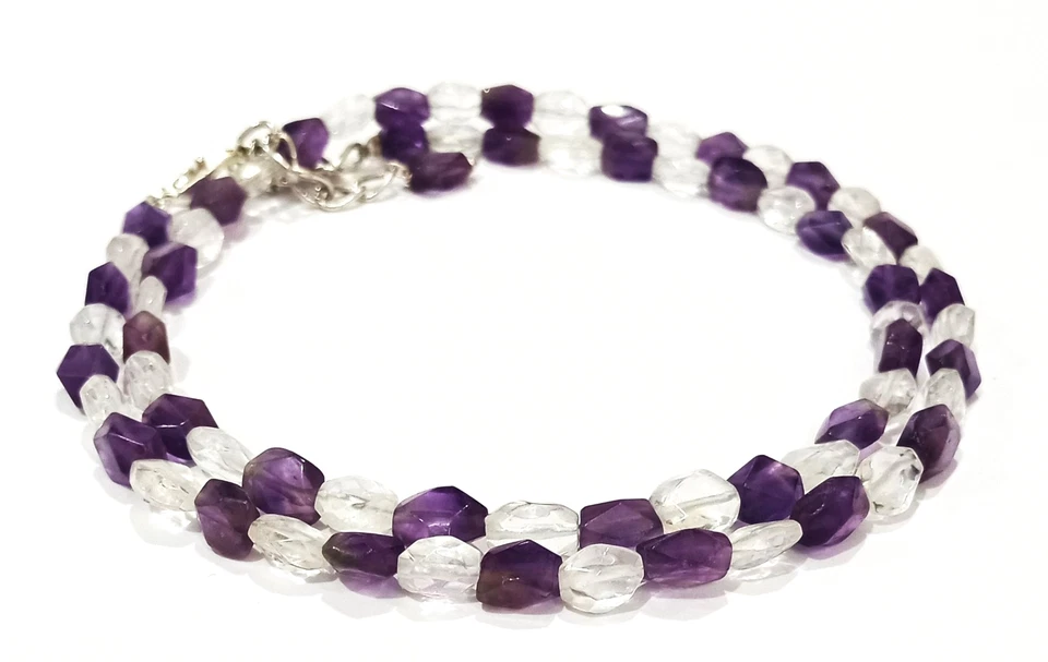 Collar de amatista natural y cuarzo transparente, collar de cuentas, cuentas facetadas Foto 1 de 4