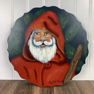 Vintage handbemalt rund Holz Kapuze Santa Volkskunst signiert Wandbehang 9,5" - Bild 1 von 6