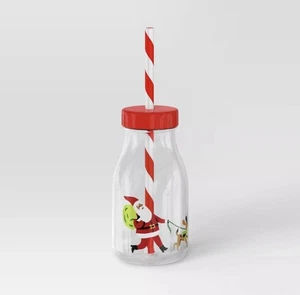 Wondershop 2er Pack Weihnachts Milchflaschenbecher mit Strohhalmen - Weihnachtsmann/Hund - NEU - Bild 1 von 7