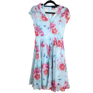Hell Bunny Bloomsbury Dress 50s Retro Small Floral Chiffon Fit Flare Sheer Blue - Picture 1 of 15