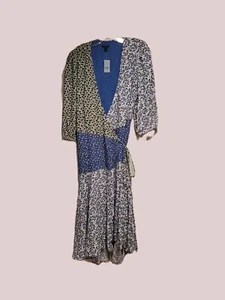 Womens Ann Taylor Blue Green Floral Print Wrap Dress - Petite 14P - New - Picture 1 of 7