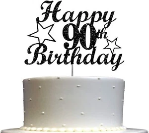 90 Birthday Black Glitter Cake Topper, 90th Party Decoration Ideas - Picture 1 of 4