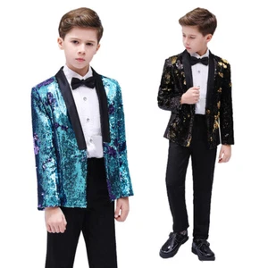 Boys Kids Children Reversible Two Tone Glitter Sequin Suit Jacket Blazer Slim - Foto 1 di 20