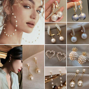 Fashion Women Pearl Crystal Ear Stud Earrings Drop Dangle Wedding Jewelry Gifts