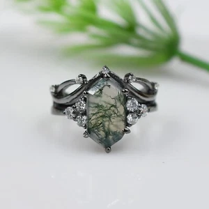 Natural Moss Agate Ring 925 Sterling Silver Ring Hexagon Ring Wedding Ring - Picture 1 of 4