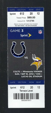 TY HILTON DEBUT / ANDREW LUCK FIRST WIN - 2012 NFL COLTS FULL FOOTBALL TICKET Cover