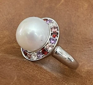 Anillo Halo Gemas Multicolores Perla Blanca Cultivada de Agua Dulce Honora 925 Talla 6 Nuevo sin Etiquetas - Imagen 1 de 15