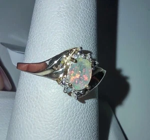 10k Yellow Gold Genuine Fire Opal Diamond Ring, 2g - Picture 1 of 8