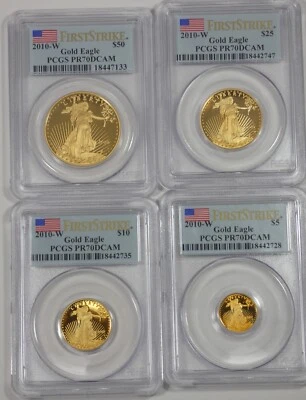 2010-W GOLD Eagle SET PCGS PR 70 DCAM First Strike ~ 1 oz/1/2 oz/1/4 oz/1/10 oz - Image 1 of 4