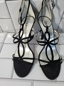COLIN STUART Leather/Suede Black High Heel Strappy Sandals 4in Stiletto Heel S - Picture 1 of 9