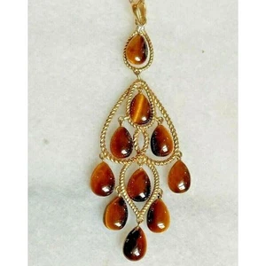 14K YELLOW GOLD & TIGER'S EYE CHANDELIER PENDANT NECKLACE SKY - Picture 1 of 9