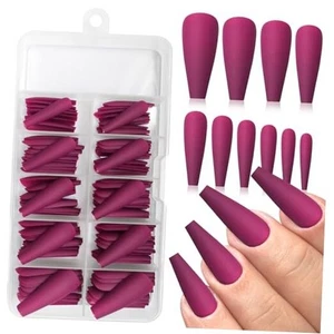 100pcs Long Coffin Press on Nails Fake Nails Matte Long Ballerina Full Fuchsia - Picture 1 of 5