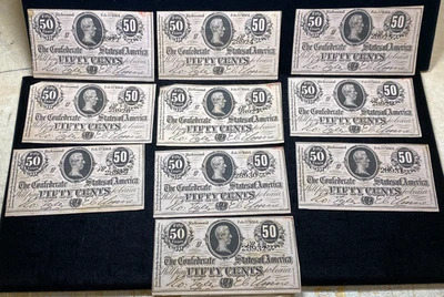 10 - 1864 RICHMOND CONFEDERATE 50 CENTS NOTES SEQUENTIAL MISSING 1 NO RESERVE - Image 1 of 4
