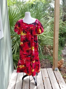 Vestido Hawaiano Royal Creations Muumuu XL Rojo Puesta de Sol Playa Espalda Cremallera 100% Algodón - Imagen 1 de 16