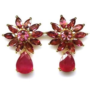 925 Sterling Silver 7 x 10 mm. Red Ruby, Tourmaline & Pink Topaz Earrings - Picture 1 of 4