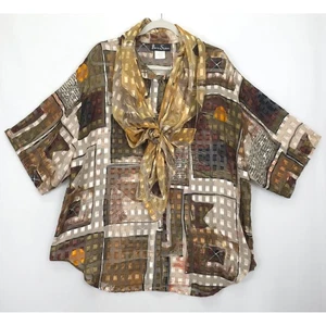 Barrie Stephens Women 24 Abstract Sheer Blouse Gold Brown With Scarf Artsy Layer - Picture 1 of 11