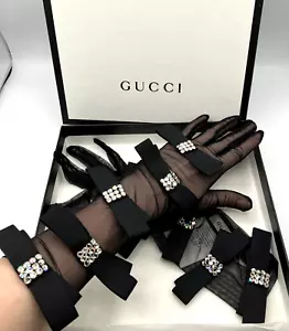 7.5 Sz 7 1/2 Auth Vintage Gucci Mesh Bow Crystal Gloves W Box - Picture 1 of 5