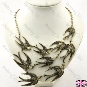 FLOCK FLYING SWALLOWS big LARGE NECKLACE vintage brass birds SWALLOW BIRD bib - Picture 1 of 3