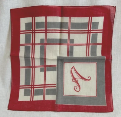 Vintage Initial A Ladies Cotton Handkerchief 12 in x 12 in Red Grey White - Image 1 of 4