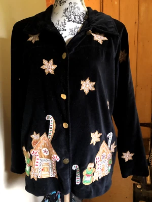 Ladies Christmas Gingerbread Black Velvet Jacket 16/18/L Quacker Factory VGC - Image 1 of 4