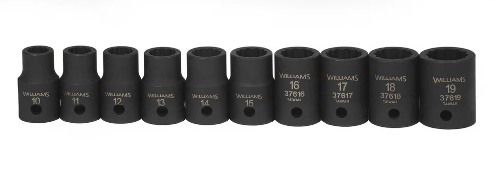 WILLIAMS INDUSTRIAL 1/2" Drive 12pt Impact Shallow Socket Set 10pc Supertorque Black Finish Williams