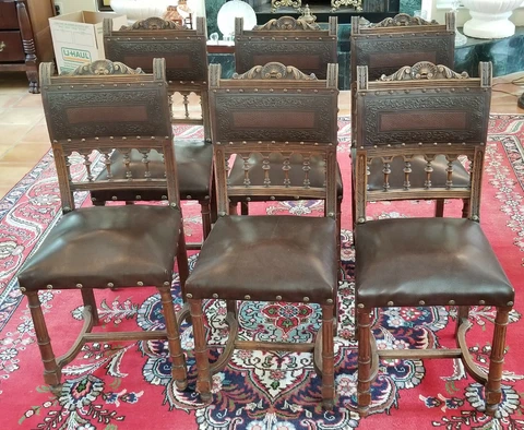 6 pcs ANTIQUE 19c. HENRY II RENAISSANCE FRENCH TOOLED LEATHER CARVED WOOD CHAIR Cover