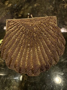 Walborg 1950's Vintage Beaded Purse Evening Bag Bronze Shell Shape Hong Kong EUC - Picture 1 of 5