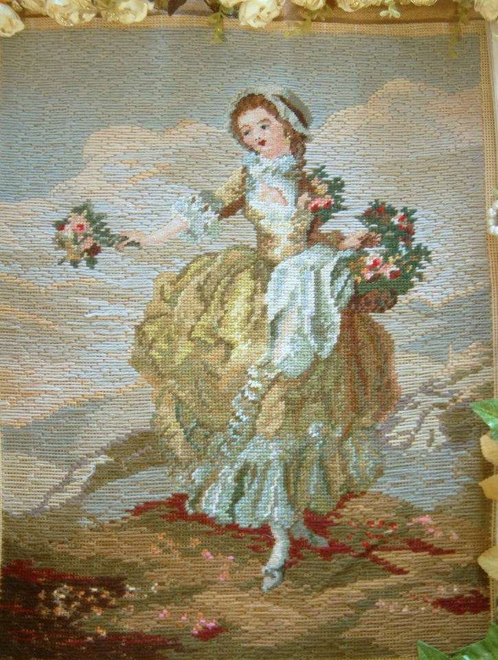 Victorian Era Young Beautfy Gathering Roses Tramme Needlepoint Artistic Tapestry - Image 1 of 4