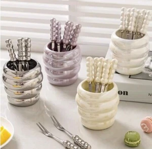 Stainless Steel Dessert Forks Set with Holder Stable Fine Glaze Ceramic Kitchen - Picture 1 of 25