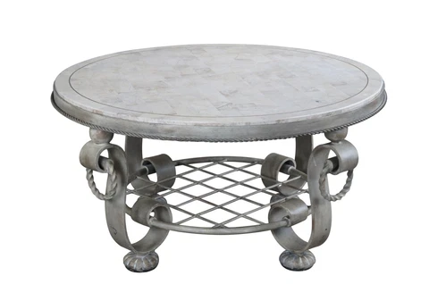 Maitland Smith Round Tessellated Stone Scrolled Iron Coffee Cocktail Table 37" Cover