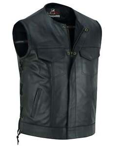Men's Black Leather Collarless Club Style Motorcycle Rider Vest Soa Side laces