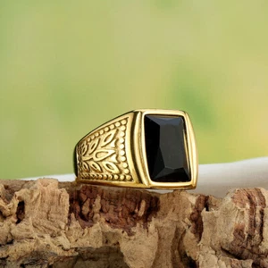 Men Women Square Stone Signet Ring Stainless Steel Vintage Emerald Cocktail  - Picture 1 of 50